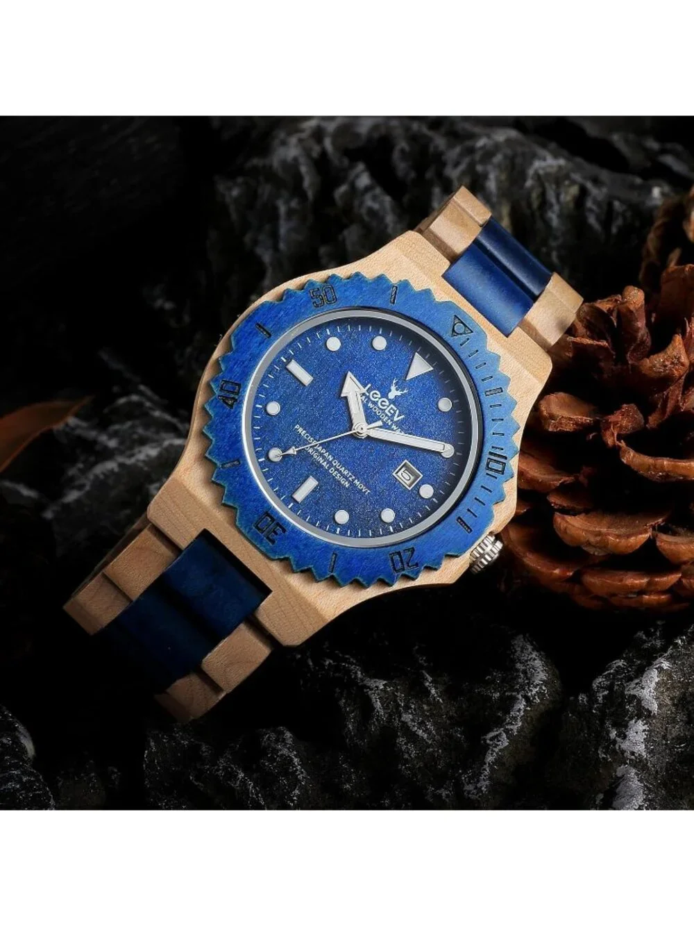 Men's Blue Handcrafted Sandalwood Vintage Calendar Analog Wrist Wooden Watch